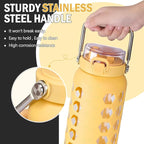 MUKOKO 64oz Glass Water Bottles with Straw and Lid,Half Gallon Water Bottle with Time Marker,Large Glass Water Jug with Silicone Sleeve and Stainless Steel Handle-Yellow