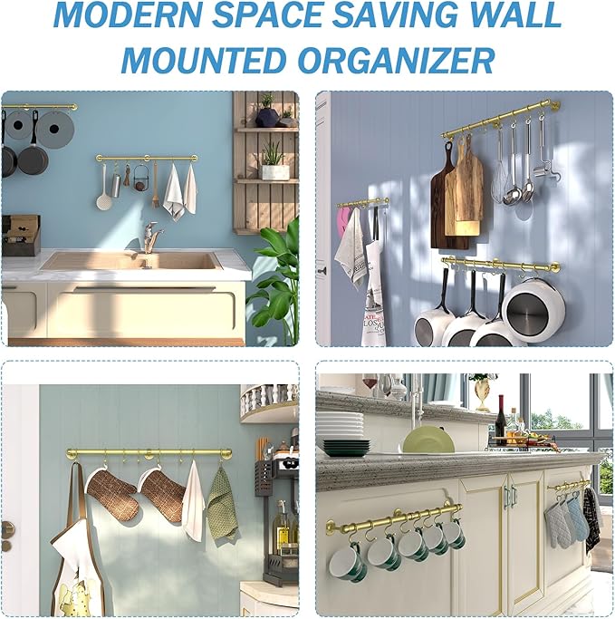 ROTHLEY Stainless Steel Hanging Pot Rack Hanger: 23.7 Inch Brass Pot and Pan Hanger Wall Mounted Hanging Pot Bar Rack Heavy Duty Pot Hangers Kitchen Rail with 8 S Hooks