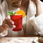 12pcs Vintage Drinking Glasses Set, 12 oz Highball Glasses & 9 oz Embossed Ribbed Glassware Cups for Cocktail, Water, Juice, Coffee, Whiskey (Christmas Red)