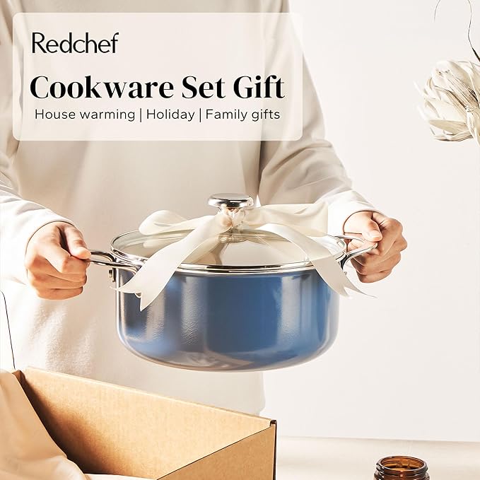 Redchef Ceramic Nonstick Cookware Set,14pcs Pots and Pans Set Non Stick,Induction Cookware with Stainless Steel Handle,Non Toxic Kitchen Cooking Set,Dishwasher & Oven Safe,PFAS PFOA & PTFE Free（Blue）