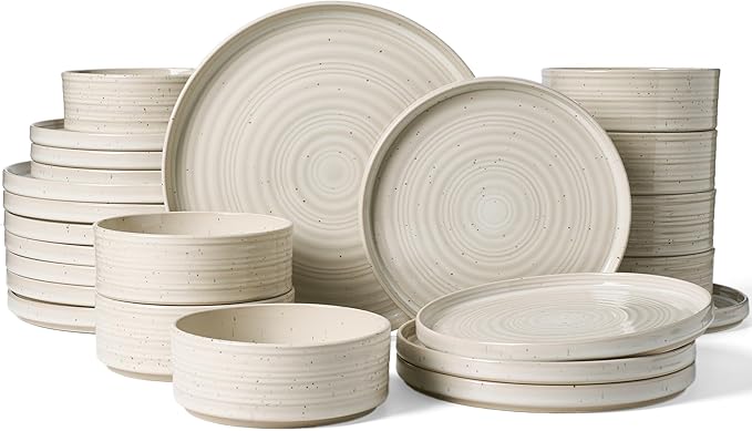 Stoneware Dinnerware Sets, Dish Set for 8, 24 Pieces Spiral Dishware Set with Straight Rim, Speckles & Reactive Glaze - Microwave and Dishwasher Safe Tableware, Shell Beige