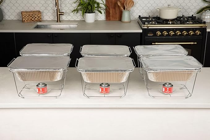 Alpha Living 6 Pack - Disposable Chafing Dish Buffet Set, Half Size Pans, Welded Body Food Warmers for Parties, Fuel Cans Complete Set, Warming Trays