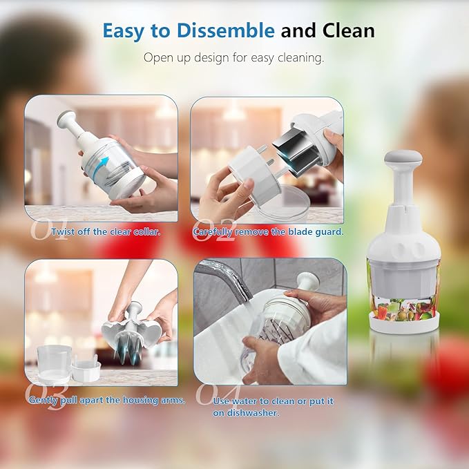 Food Chopper, Handheld Veggie Chopper for Vegetable, Onion, Garlic, Nut, Hand Vegetable Cutter, Dishwasher-safe, Stainless Steel Blade, White.