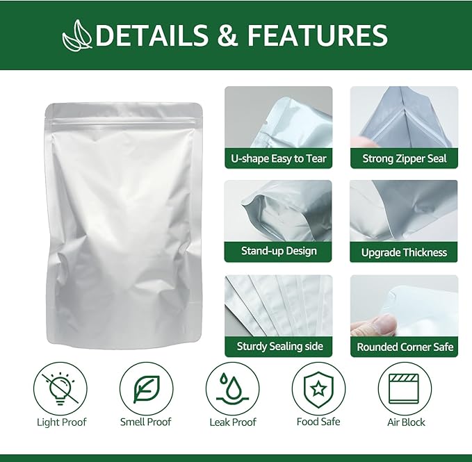 50pcs 8x12 Mylar Bags for Food Storage 2 Quart Resealable Smell Proof Foil Pouches Bags with Label sticker，Family Daily life for Food long-term Freeze Dryer Storage Coffee Cereal