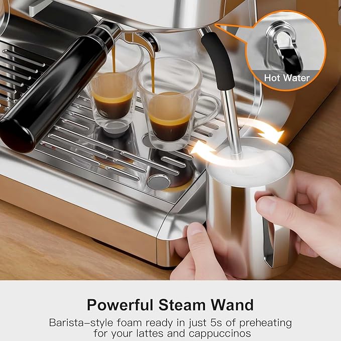 Kismile Dual Boiler Espresso Machine with Grinder, 20 Bar Espresso Maker with Milk Steamer & Hot Water, Dual LED Display, Pressure Gauge, Burr Grinder, coffee Machine for Home&Office, Stainless Steel