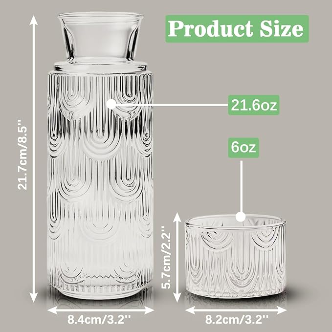 Bedside Water Carafe and Glass Set, 21.6oz Water Carafe with 6oz Glass Cup with Lid, Clear