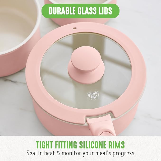 GreenLife 10 Piece Nonstick Pots & Pans Set, Detachable Handle & Stackable Cookware Set, Non Toxic PFAS-Free Skillets, Induction Kitchen Pans, Space Saving, Serving Bowls, Oven Safe, Light Pink