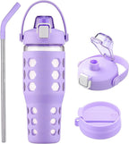 MUKOKO 32 oz Glass Tumbler with Straw,Glass Water Bottles with Time Marker,Iced Coffee Cup with 2 Lids-Handle Spout Lid&Straw Lid,Silicone Sleeve,Leakproof,1 Pack-Purple
