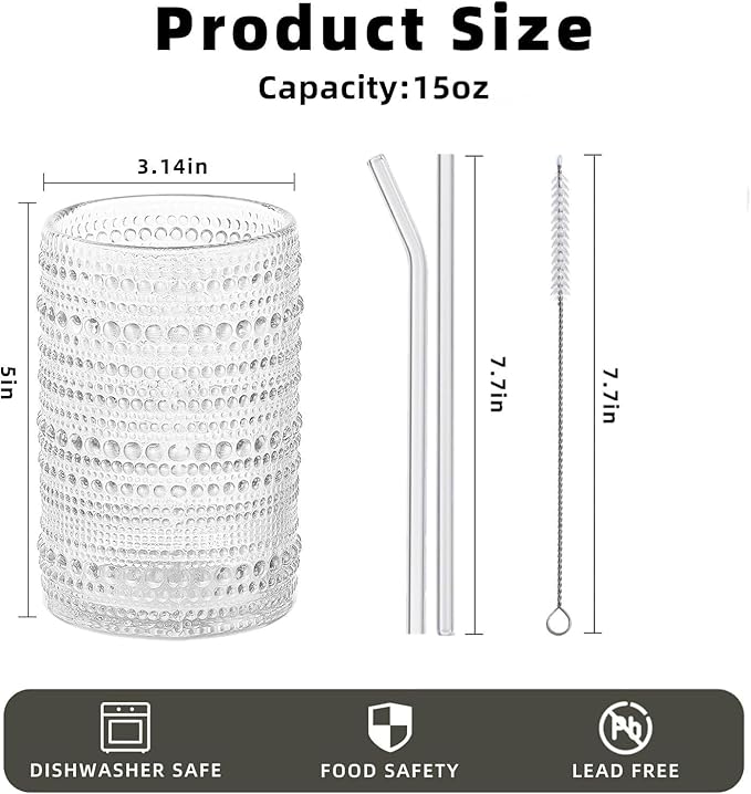 Vintage Hobnail Drinking Glasses Set of 12, 15oz Textured Tumblers - Embossed Clear Bar Glasses for Cocktails, Beer, Whiskey, Dishwasher-Safe Highball Cups for Kitchen, Juice & Mixed Drinks