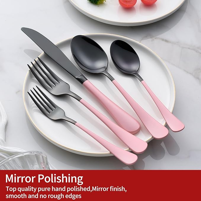 20-Piece Black and Red Silverware Set 18/0 Stainless Steel Flatware Warm Pink Handle Cutlery Set Service for 4 Dinner Knives Forks Spoons Set Mirror Finish Dishwasher Safe