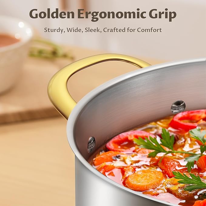 BEZIA 8 Quart Stainless Steel Stockpot with Lid, Induction Compatible Cooking Pots, Triple-Layer Bottom for Even Heat, Pasta & Soup Pot for Cooking, Boiling, Stewing, Dishwasher Safe