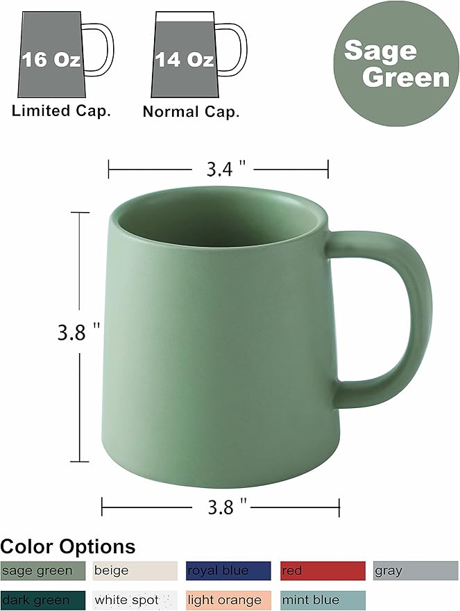 T-WARE 16 Oz Coffee Mugs, Matte Sage Green Mug Set of 4, Ceramic Mugs Coffee, Solid Color Coffee Cups Ceramic