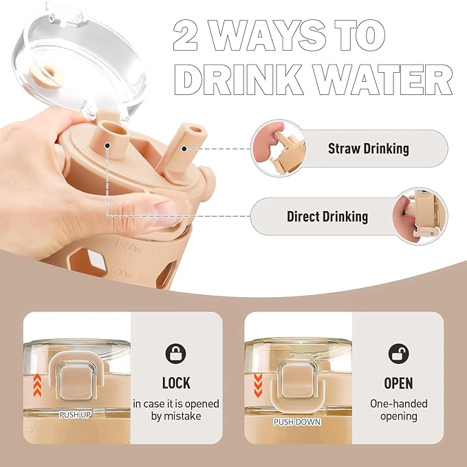 MUKOKO 32 oz Glass Tumbler with Straw,Glass Water Bottles with Time Marker,Iced Coffee Cup with Silicone Sleeve,Motivational Drinking Bottles,Leakproof-Amber