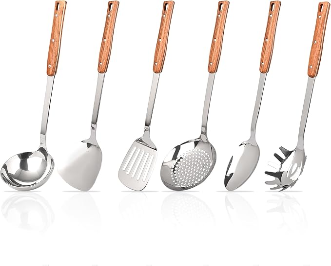 FJNATINH Wok Utensils Tools - 6 PCS Stainless Steel Kitchen Cooking Utensils Set, Include Wok Spatula, Soup Ladle, Skimmer, Spaghetti Server, Slotted Turner and Solid Spoon, Heat Resistant