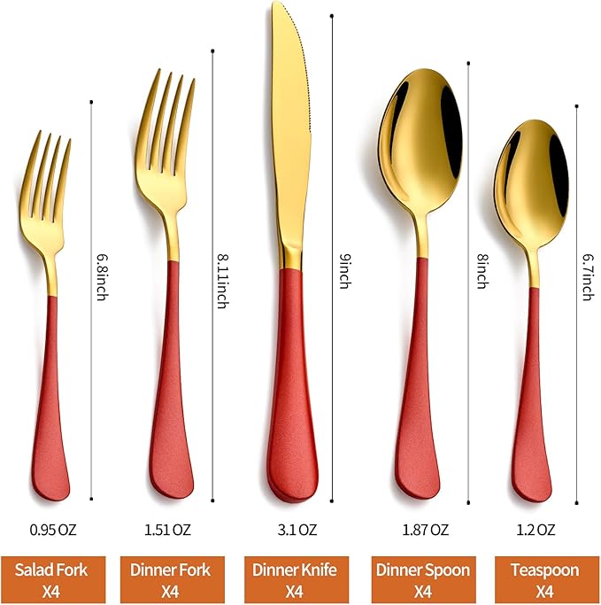 20 Piece Gold and Red 18/0 Flatware Utensil Set for 4, Include Dinner Knife,Dinner Forks,Dinner Spoons,Salad Forks,Teaspoons,Silverware Set for 4, Dishwasher Safe