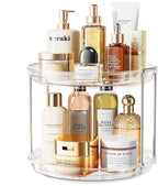LAMU 10.6in Rotating Makeup Organizer for Vanity, 2 Tier Lazy Susan Turntable Stackable Spinning Skincare Organizer Cosmetic Perfume Tray for Bathroom Counter, Large Capacity, Clear