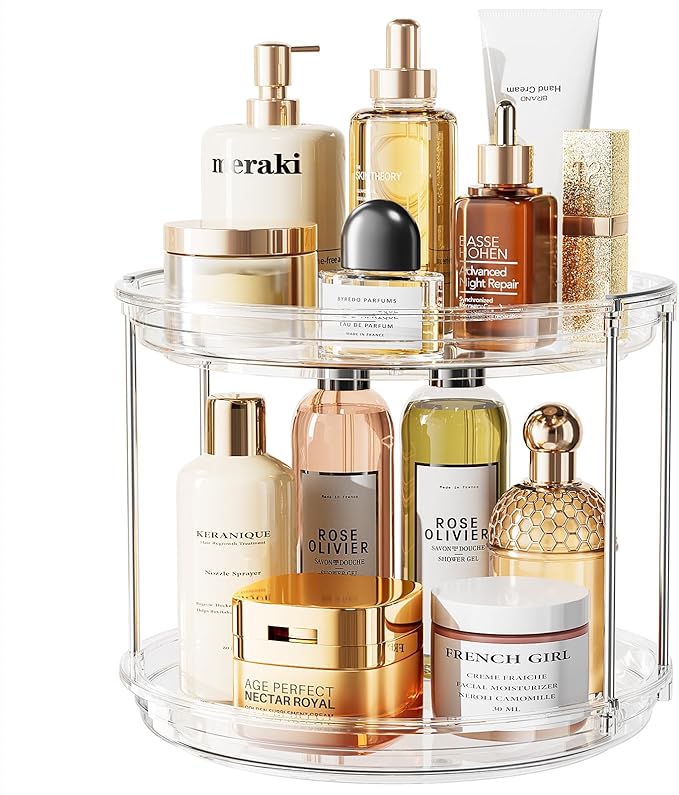 LAMU 10.6in Rotating Makeup Organizer for Vanity, 2 Tier Lazy Susan Turntable Stackable Spinning Skincare Organizer Cosmetic Perfume Tray for Bathroom Counter, Large Capacity, Clear