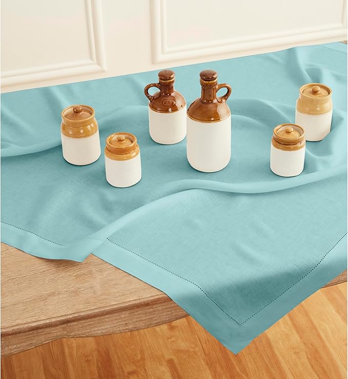 Solino Home Linen Square Tablecloth 52 x 52 Inch - 100% Pure Linen Aqua Blue Table Throw - Classic Hemstitch, Machine Washable Table Cloth for Summer