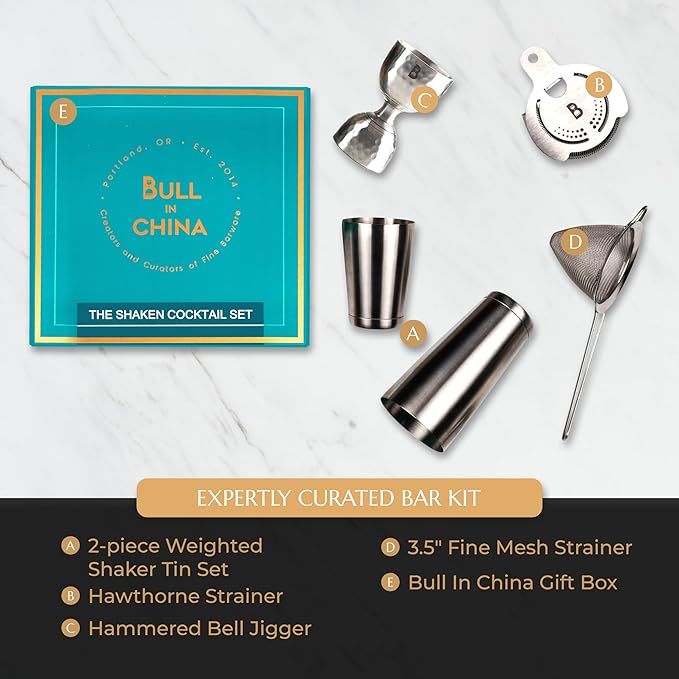 5 Piece Cocktail Kit by Bull In China - Premium Bartender Gift Set Includes Weighted 2 Piece Boston Shaker, Hammered Bell Jigger, Hawthorne Strainer & Fine Mesh Strainer (Rainbow Chrome)