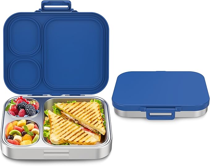 Stainless Steel Bento Box Kids, Leak Proof Metal Bento Lunch Box,3 Compartments 304 Stainless Steel Bento Lunch Containers for School and Office,Dishwasher Safe, BPA-Free(Blue)