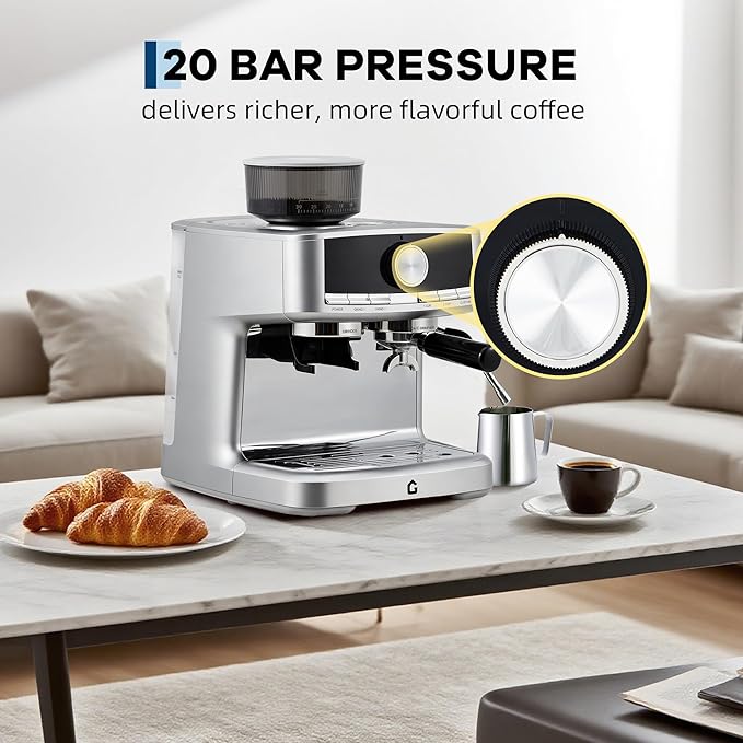 20 Bar Pressure Stainless Steel Espresso Machine with Grinder, 1.5l Removable Water Tank, Milk Frother Steam Wand for Latte and Cappuccino, Adjustable Shot Volume,Silver