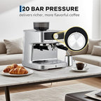 20 Bar Pressure Stainless Steel Espresso Machine with Grinder, 1.5l Removable Water Tank, Milk Frother Steam Wand for Latte and Cappuccino, Adjustable Shot Volume,Silver