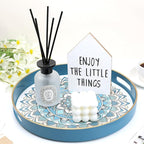 Round Cyan Decorative Tray for Coffee Table, Ottoman, 13” Plastic Serving Platter Tray with Handles for Entertaining, Living Room