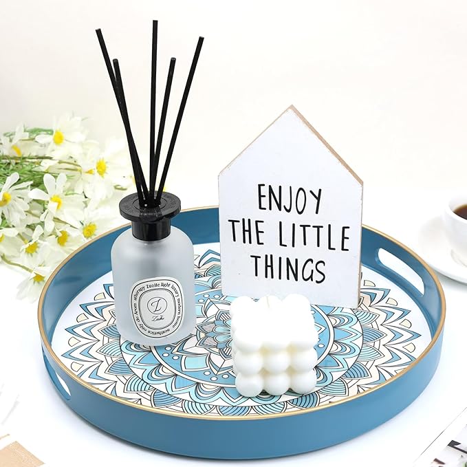 Round Cyan Decorative Tray for Coffee Table, Ottoman, 13” Plastic Serving Platter Tray with Handles for Entertaining, Living Room