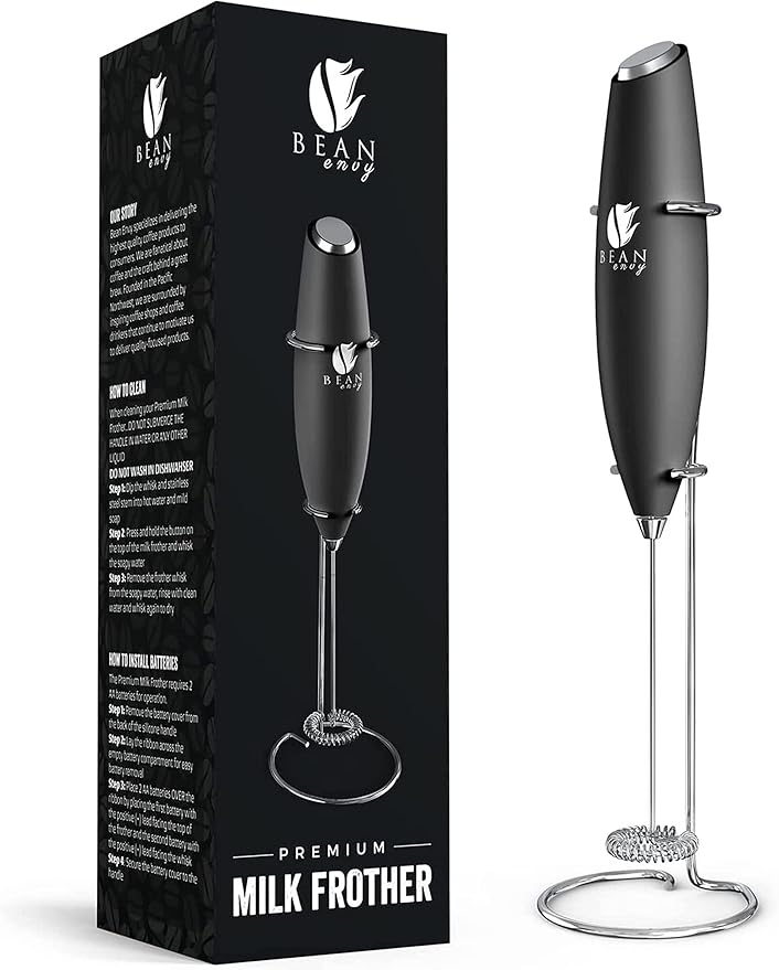 Bean Envy Milk Frother Handheld for Coffee - Mini Drink Mixer Whisk & Coffee Foamer Wand with Stand for Lattes, Cappuccino, Matcha and Hot Chocolate - Kitchen Gifts - Black