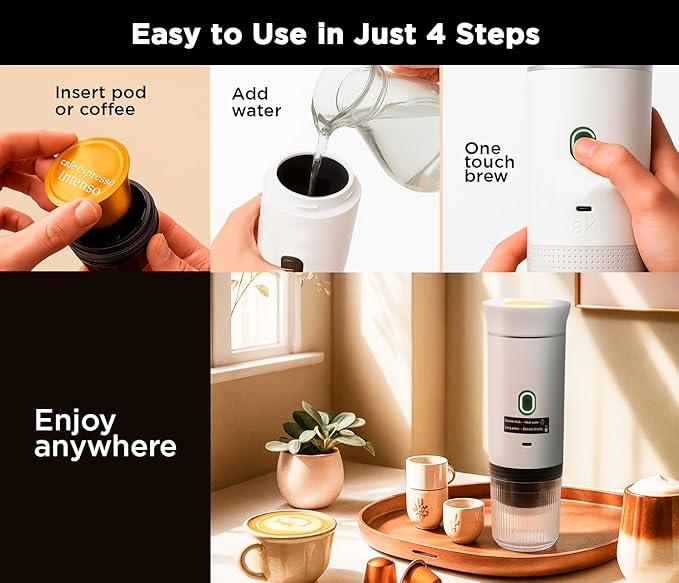 3-in-1 Portable Coffee Maker – Electric Espresso Machine for Travel – Compatible with Ground Coffee, NS & DG Capsules – USB-C Rechargeable Portable Espresso Maker (White)