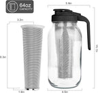 Cold Brew Coffee Maker,64 oz Mason Jar Pitcher with Stainless Steel Filter, Pour Spout Handle Lid, Heavy Duty Glass Airtight & Leak-Proof Pitcher for iced coffee Tea Lemonade