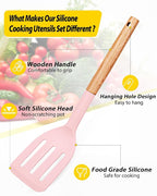 Pack of 4 Silicone Cooking Utensils Set, Non Stick Solid Spatulas and Heat Resistant Slotted Spoons with Wooden Handle, Ideal Wood Kitchen Utensils Set for Frying,Serving,Turning,Stirring (PINK)