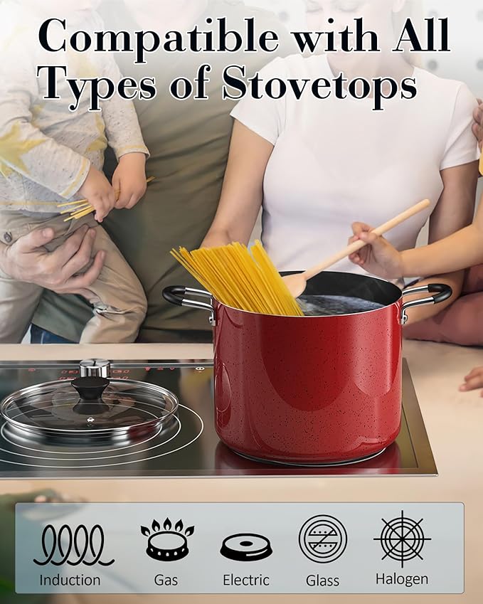 Cook N Home Nonstick Stockpot with Lid 6-Quarts, Professional Cooking Soup Pot, Casserole Cookware, Marble Red