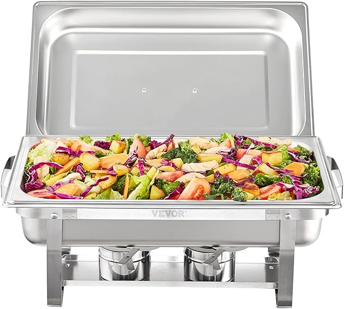 VEVOR Chafing Dish Buffet Set, 8 Qt 2 Pack, Stainless Steel Chafer with 2 Full Size Pans, Rectangle Catering Warmer Server with Glass Lid Water Pan Folding Stand Fuel Holder, for Wedding Party Banquet