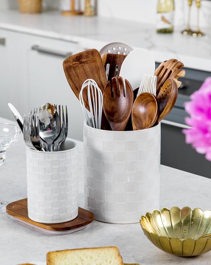 Kitchen Utensil Holder - 7.2"+5.4" Ceramic Utensil Holder for Countertop, Spatula Holder for Counter, Large Embossed Utensil Crock, Farmhouse Utensil Vase for Housewarming, Kitchen Decor, Set of 2
