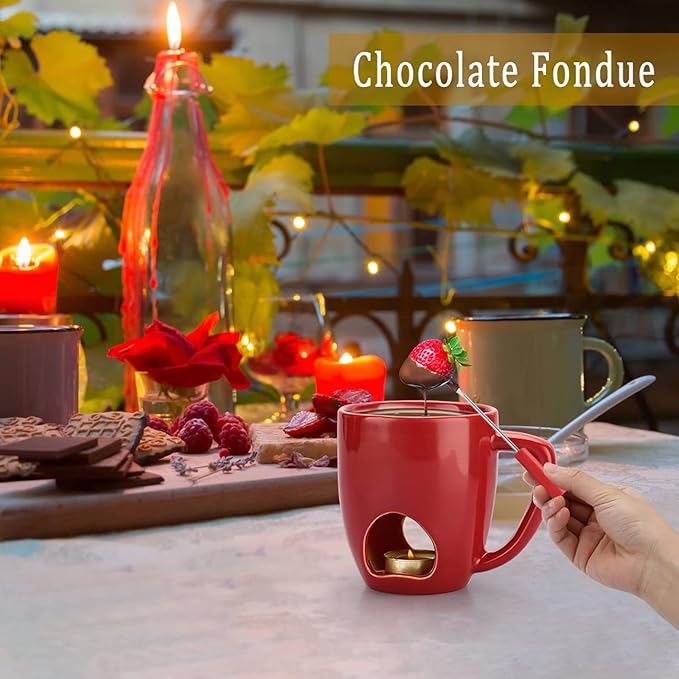BSTKEY 230ML Personal Chocolate Fondue Mug Set, Ceramic Butter Warmer Set, Mini Melt Hot Pot Cup Set for Cheese Chocolate Butter Caramel, with 2 Forks (Red)