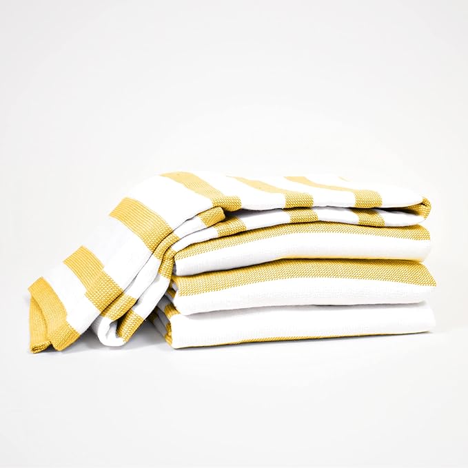 Realm 100% Cotton Stripe Pattern Kitchen Dish Cloths | Ochri Yellow 13" x 13" Inch Soft, Plush & Absorbent Quick Drying Dish Towels (6 Pack)