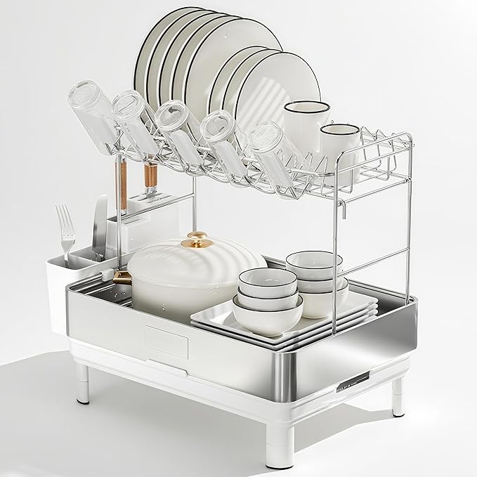 Dish Drying Rack, 2 Tier Large Dish Rack, Stainless Steel Dish Drainer for Kitchen Counter, Dishes Rack with Automatic Drainage, Utensil Holder,Cups Holder,Space Saving Kitchen Organizer,White