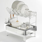 Dish Drying Rack, 2 Tier Large Dish Rack, Stainless Steel Dish Drainer for Kitchen Counter, Dishes Rack with Automatic Drainage, Utensil Holder,Cups Holder,Space Saving Kitchen Organizer,White