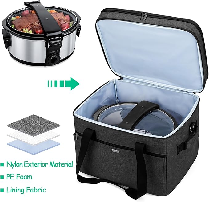Yarwo Slow Cooker Bag Compatible with Crock-Pot/Hamilton Beach 8-10 Quart, Double Layers Slow Cooker Travel Carrier Case for Kitchen Appliance and Accessories, Black (Bag Only)