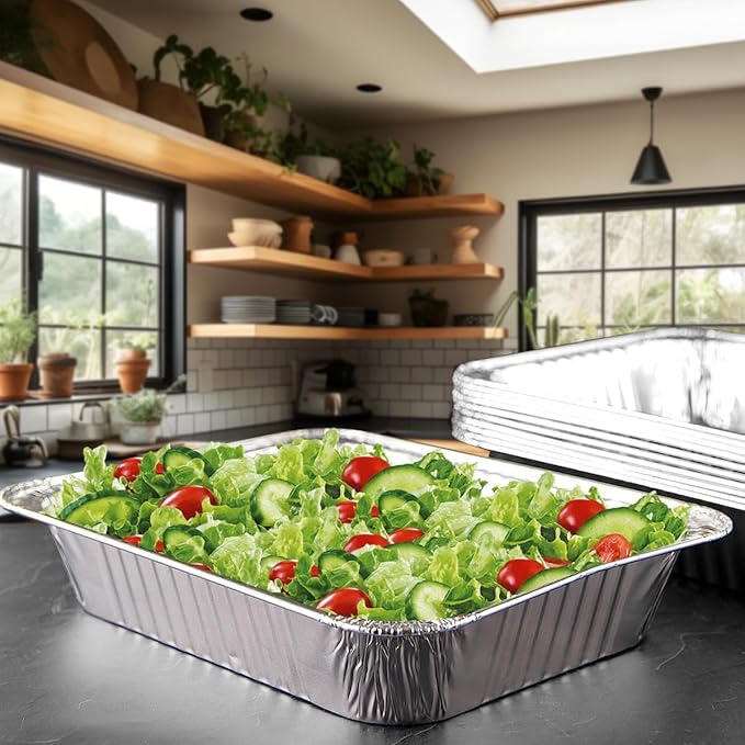Aluminum Pans Disposable Half Size (100 Pack), 9x13 Steam Foil Deep Pans for, Prepping, Roasting, Food, Storing, Heating, Cooking, Chafers, Catering, BBQ Grilling,