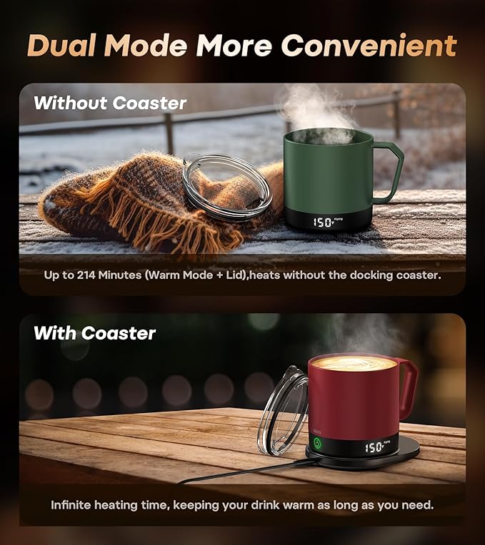 Heated Coffee Mug Rechargeable - Temperature Control Self Heating Coffee Mug 14oz with Lid, Double Sided & Real-Time LED Display, Hot up to 150℉, Birthday Gifts for Women and Men(Red)
