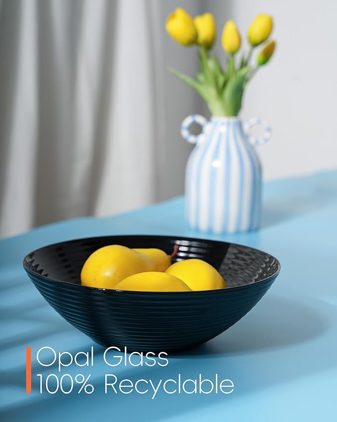54 OZ Salad Bowl Set of 2, Opal Glass 9.5 inch Serving Dishes for Salad, Fruit, Kitchen Microwave & Dishwasher Safe, Black