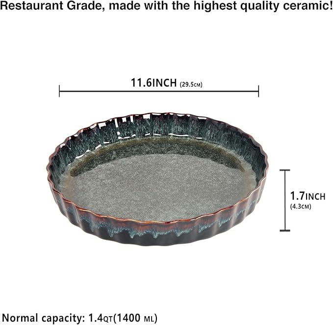 Ceramic Pie Pan Quiche Baking Dish, 11 Inch Round Ruffled Edge Au Gratin Baking Dishes, 1.4 Quart Non-Stick Pie Dish, Tart Pan, Pie Plate for Apple, Oven, Dishwasher and Microwave Safe