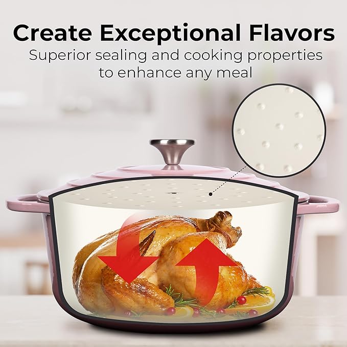 Zulay Kitchen 5 Quart Enameled Cast Iron Dutch Oven with Lid,Silicone Trivet & Heat Pad – Premium Durability & Oven Safe up to 500°F – Heavy Duty Cookware Perfect for Bread Baking, Stews, Braising & Roasting – Pink