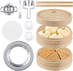 Tessco for you 59 Pcs 2 Tier 10 Inch Bamboo Steamer Basket Set Including Bamboo Steamer Stainless Steel Ring Dumpling Maker Mold and Cutter Spoon 2 Pair Chopsticks 2 Sauce Dish 50 Paper Liners