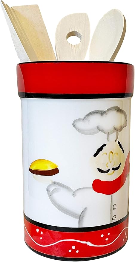 ACK Tuscany Colorful Plump Bistro Chef Hand Painted Ceramic Utensil Jar, Utensil Holder, Utensil Crock, Modern Kitchen Decor, Kitchen Storage for for Spoon, Ladle, Spatula and More