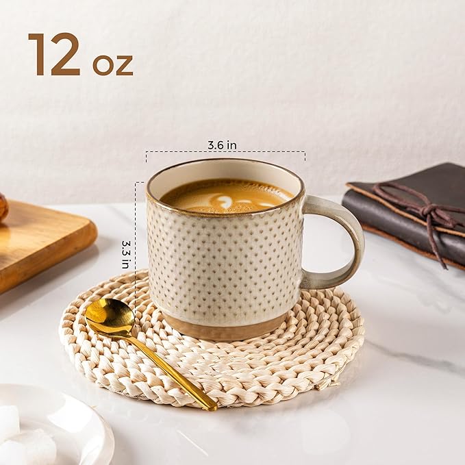 GBHOME 12OZ Stackable Coffee Mugs, Ceramic Coffee Mugs with Texture Patterns for Man,Woman,Dad,Mom, Modern Coffee Mugs Set of 4 for Latte/Cappuccino/Cocoa. Dishwasher&Microwave Safe, Pale Khaki