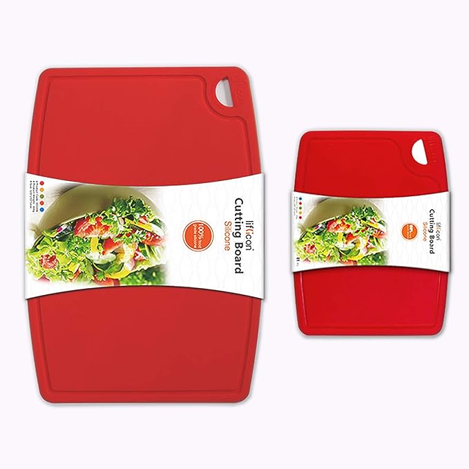Thick Silicone Cutting Boards for Kitchen Silicone Chopping Boards/Mats Set of 2 Extra Large14.6''x10.43'', Mini 9.1”x7.1” Non-slip Deep Drip Juice Groove, Dishwasher Safe-Red