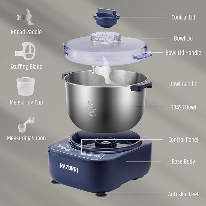Razorri Electric Dough Maker, 5L 4.5QT Household Dough Mixer with Ferment Function, Microcomputer Timer, Stuffing Blade & Stainless Steel Bowl for Bread, Pizza, Noodles, Dumplings